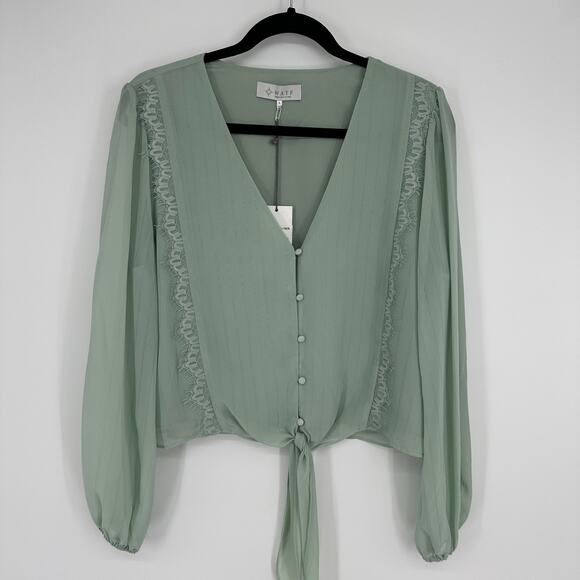 WAYF Lace Trim V Neck Knotted Long Sleeve Blouse Womens New Large - Picture 1 of 8
